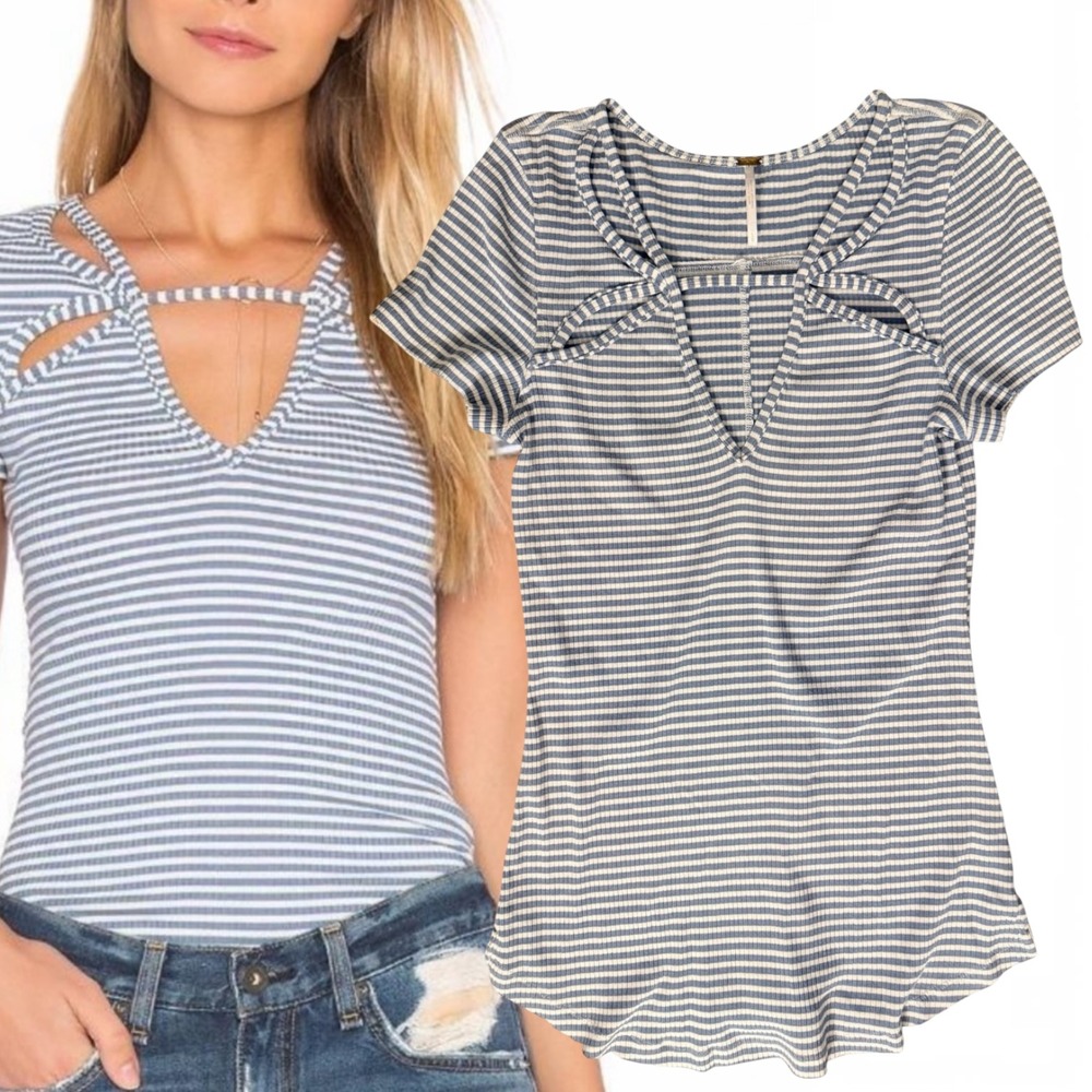 Free People Top Striped Ribbed Keyhole Cutout Blue White L